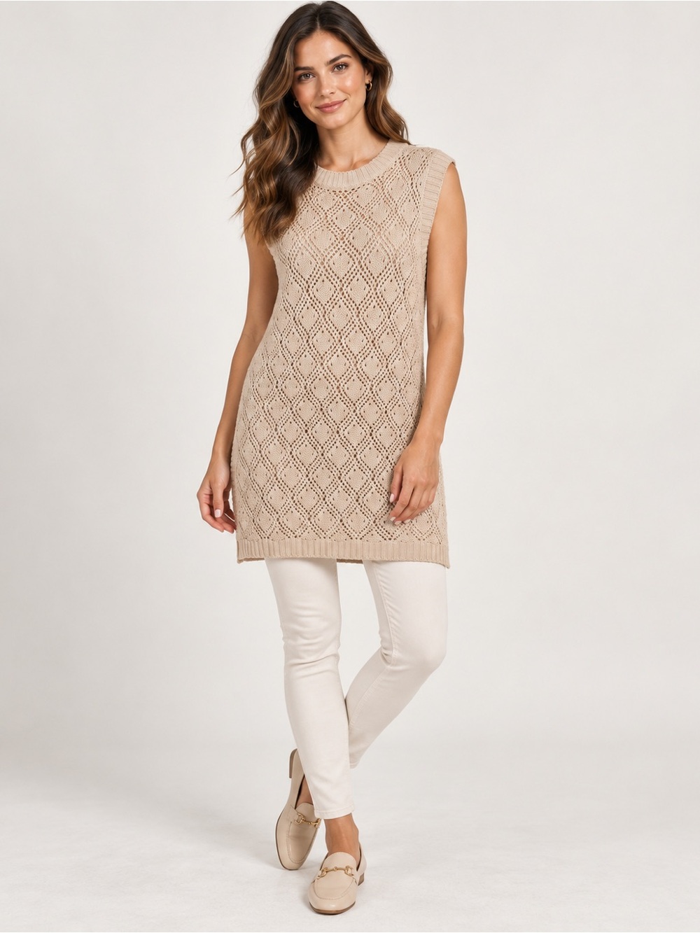 Sleeveless Diamond-Knit Tunic Sweater in Beige